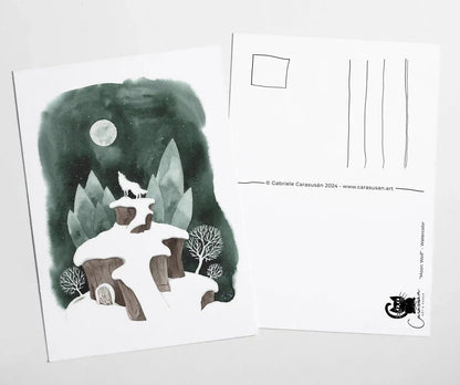Magische Winterlandschaft 'Wolfsmond' Aquarell | Postkarte Din A6 - Carasusan