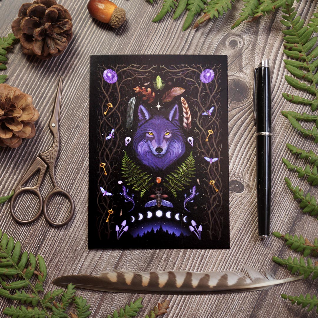 Postcard Dark Forest Magic - Lunar Wolf | Witchy Gothic Aesthetic | Woodland creatures, witchy things and moon phases | Wicca gift for friends of witchcraft and nature magic