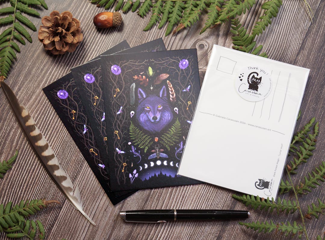 Postcard Dark Forest Magic 'Lunar Wolf' | Witchy Gothic Aesthetic | Forest animals, mysterious woodland finds and moon phases | Witchy gift | Wiccan Art