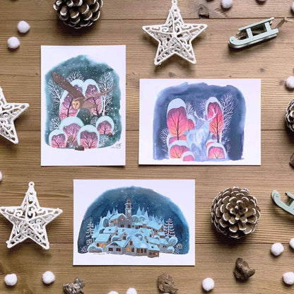 Postkarten-Set "Wintermärchen" Aquarell DinA6 Winter Schnee - Carasusan