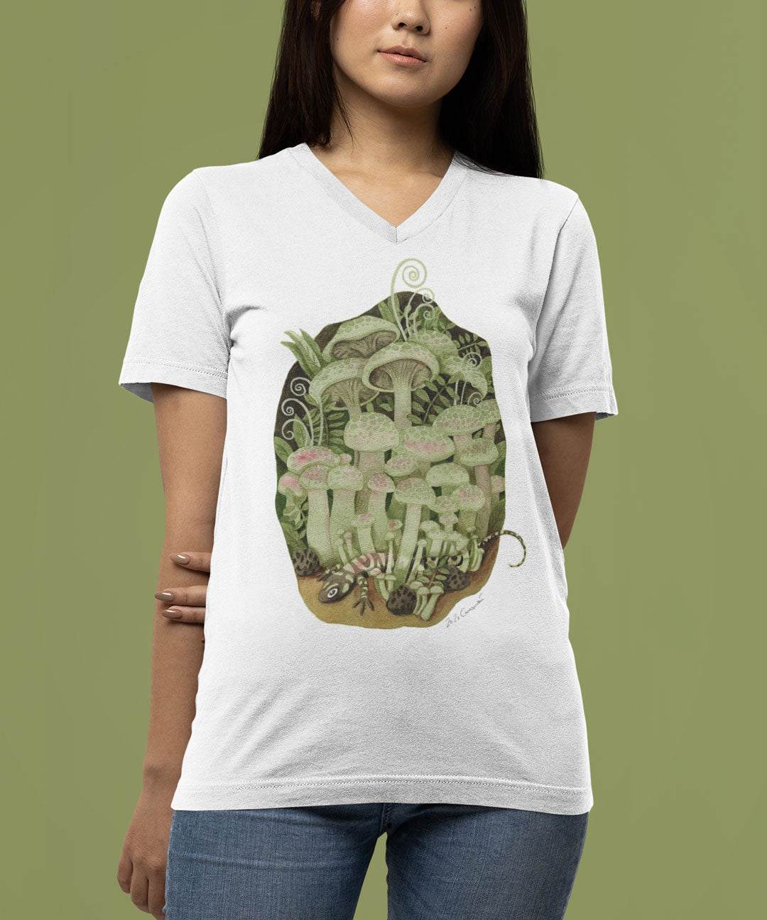 T-shirt mushrooms and salamander | V-neck | white | 100% cotton | woman | girls
