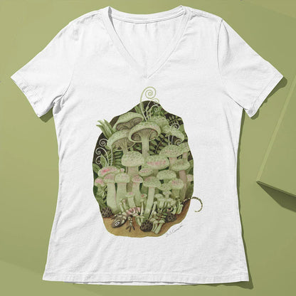 T-Shirt Pilze und Salamander | V-Ausschnitt | weiß | 100% Baumwolle | Damen | Mädchen - Carasusan