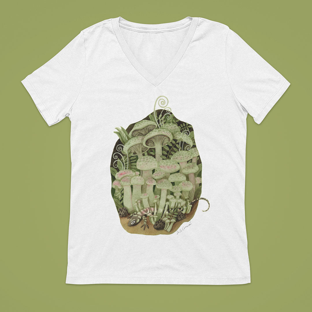T-Shirt Pilze und Salamander | V-Ausschnitt | weiß | 100% Baumwolle | Damen | Mädchen