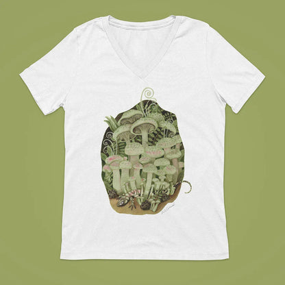 T-Shirt Pilze und Salamander | V-Ausschnitt | weiß | 100% Baumwolle | Damen | Mädchen - Carasusan