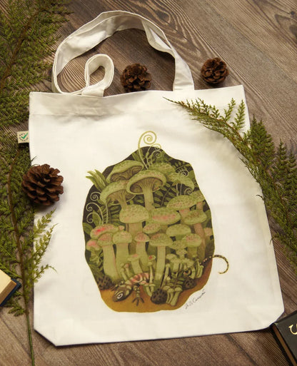 Tote Bag - Stoffbeutel bedruckt - Pilze und Salamander - nachhaltige Tasche aus Bio-Baumwolle - 33x42 cm - G - Carasusan