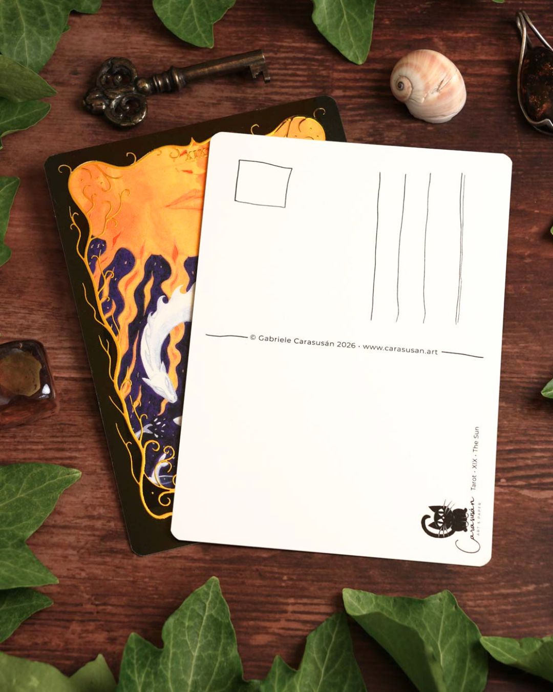 Front and back of The Sun Tarot postcard showing the artwork and the writable postcard reverse.