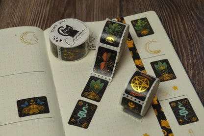 Washi Tape Stamps Magic Forest mit Gold | Witchy Wald | magische Symbole | ca. 150 Aufkleber für Journaling, Scrapbook und Deko | 10 Motive - Carasusan