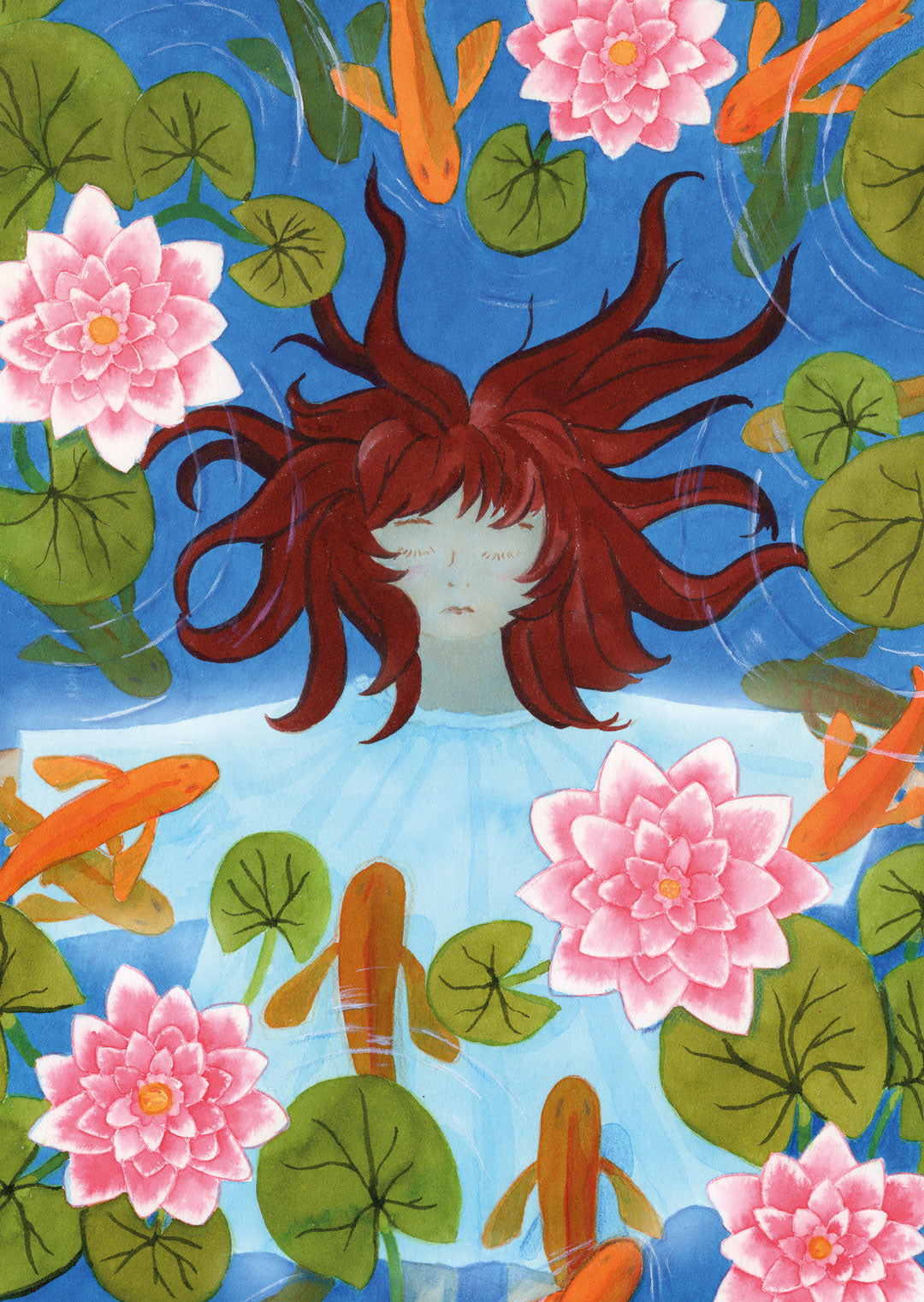 Art print - Little Girl in Lily Pond - 26x30cm - Watercolor painting - Boho style