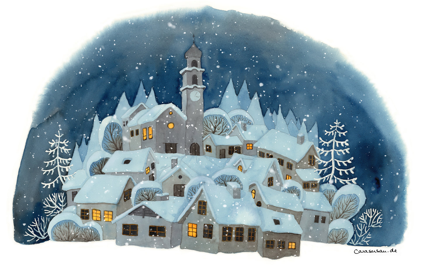 Art Postcard - Snowy Winter Village - Watercolor painting - DinA6 