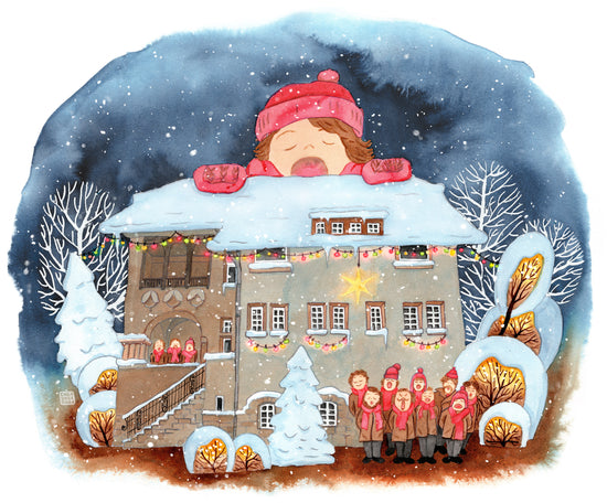 'Wintervilla und Chor' - weihnachtliches Aquarell der Künstlerin Gabriele Carasusan
