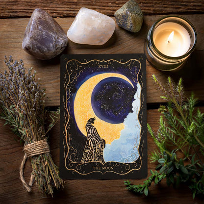 Mystical "The Moon" Tarot postcard with gold foil accents, styled with dried herbs, crystals and candlelight on a rustic wooden surface.