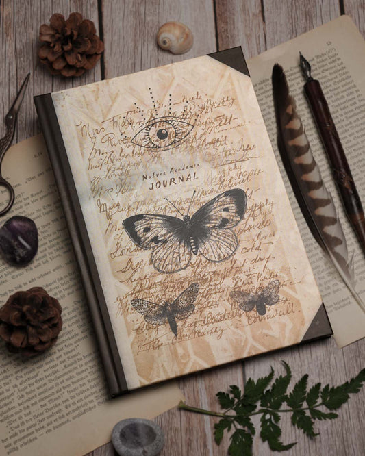 Dark Academia A5 hardcover journal with vintage butterfly and eye design, styled on antique books with a quill, pine cones, fern leaves and natural history inspired objects.