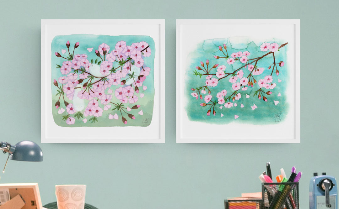 Aquarell 'Kirschblüten Geister' Kunstdruck | Japanische Baumgeister Kodama | Frühlingsbild Aquarell | Geschenk zur Geburt | Kinderzimmer Deko | Glücksbringer