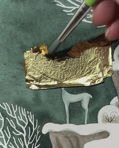 Winterlandschaft mit Hirsch - handvergoldet - Aquarell - Kunstdruck - 32x41cm - Wandbild - Winter Deko