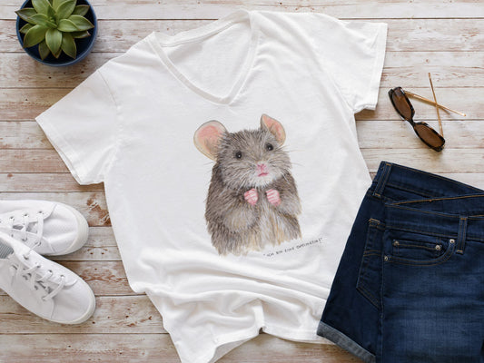 T-Shirt mit niedlicher Mäuse-Dame 'Ich bin eine Optimistin!' | V-Ausschnitt | weiß | 100% Baumwolle | Damen | Mädchen