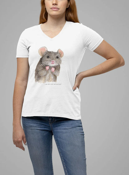T-Shirt mit niedlicher Mäuse-Dame 'Ich bin eine Optimistin!' | V-Ausschnitt | weiß | 100% Baumwolle | Damen | Mädchen - Carasusan