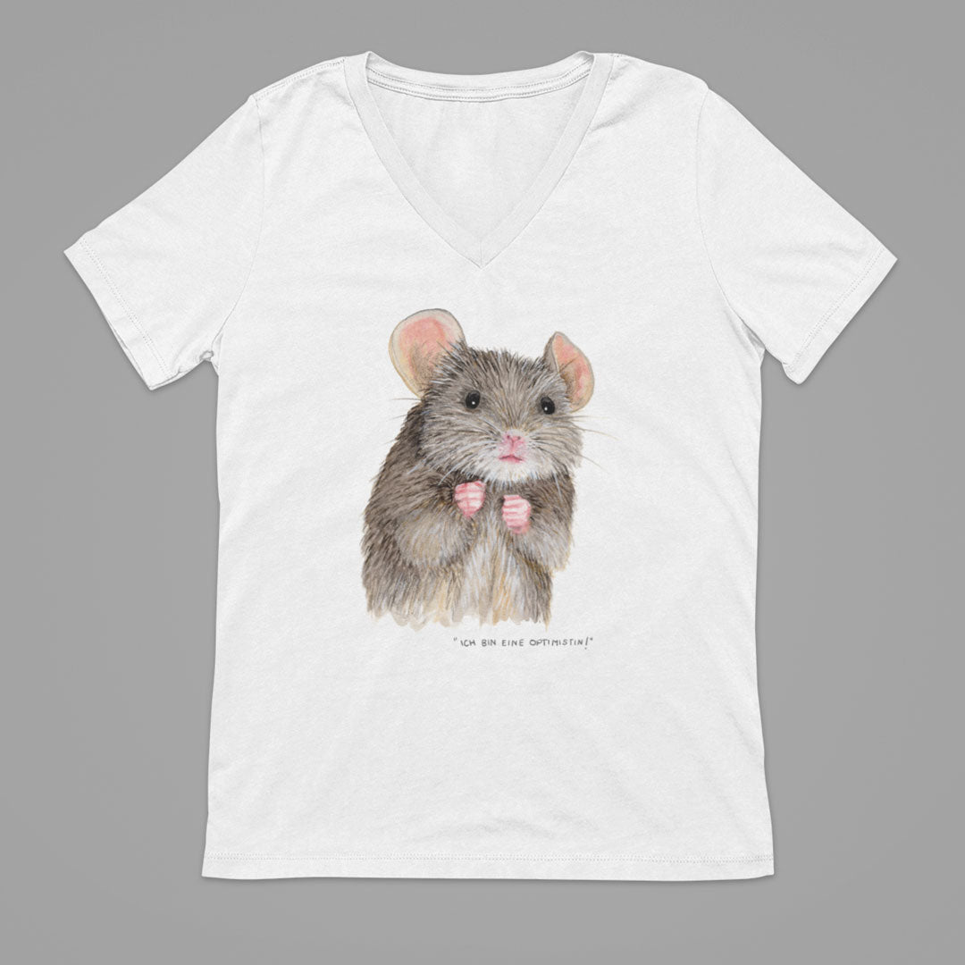 T-shirt cute mouse lady 'Optimist' | V-neck | white | 100% cotton | woman | girls