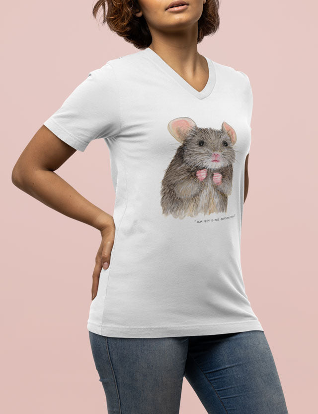 T-Shirt mit niedlicher Mäuse-Dame 'Ich bin eine Optimistin!' | V-Ausschnitt | weiß | 100% Baumwolle | Damen | Mädchen