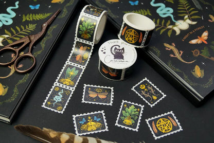 Washi Tape Stamps Magic Forest mit Gold | Witchy Wald | magische Symbole | ca. 150 Aufkleber für Journaling, Scrapbook und Deko | 10 Motive - Carasusan
