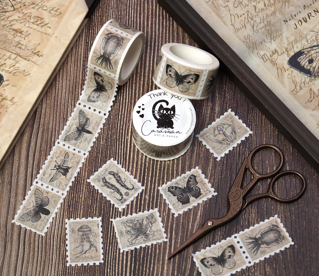 Washi Tape Stamps | Dark Academia Butterflies Vintage Illustrations | approx. 150 stickers for journaling, scrapbooking and decoration