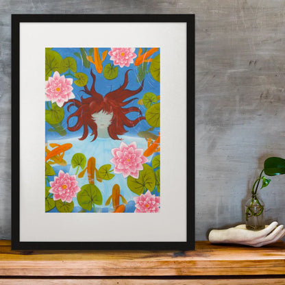 Aquarell - Mädchen im Seerosenteich - 26x30cm - Kunstdruck auf Aquarellpapier - Boho Stil - Carasusan