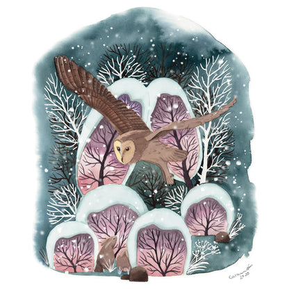 Winterlicher Kunstdruck 'Eule im Winterwald' | Aquarell | 28x32cm - Carasusan