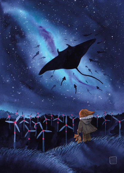 Postkarte 'Migration' Aquarell DinA6 | Galaxie und Manta-Rochen | Fantasy-Art - Carasusan