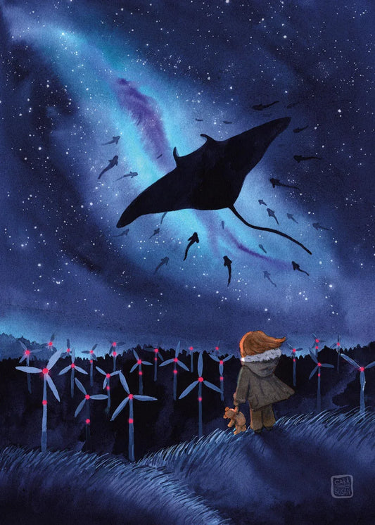 Manta ray galaxy postcard front, fantasy watercolor illustration with night sky, stars and dreamy cosmic atmosphere