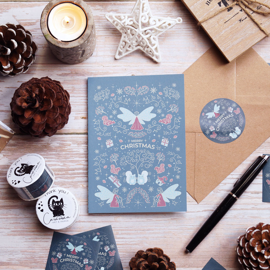 Weihnachtskarte 'Winterelfen' hellblau DinA6 | Set mit Umschlag und Briefsiegel | umweltfreundlich