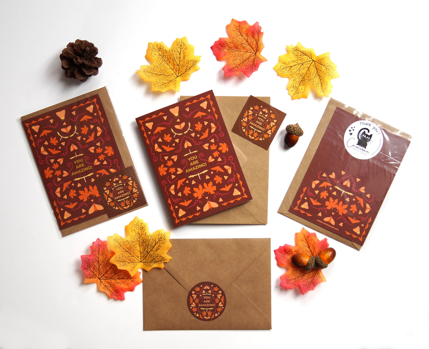 Autumn greeting card with gold print - set with envelope and postal seal