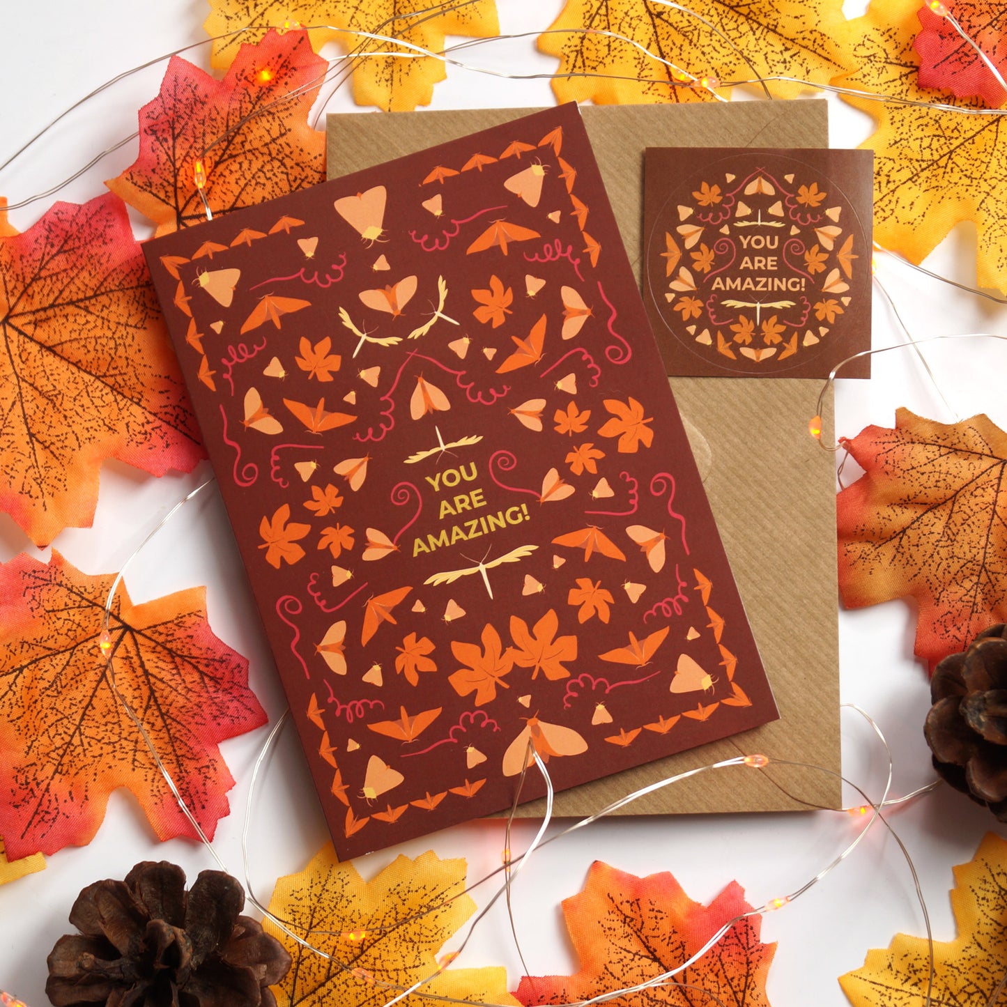 Autumn greeting card with gold print - set with envelope and postal seal