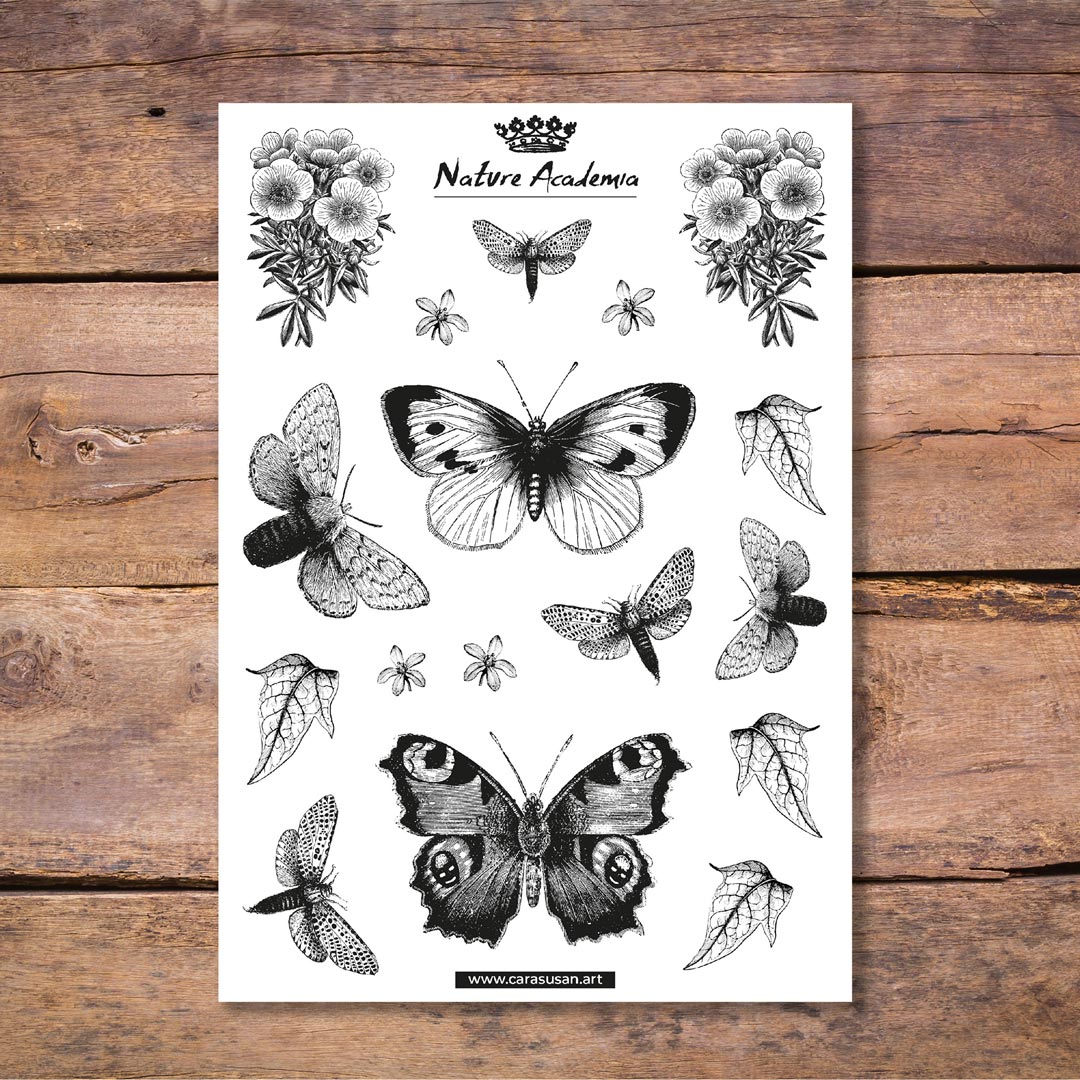 Dark academia stickersheets with butterfies, moths and botanical illustrations