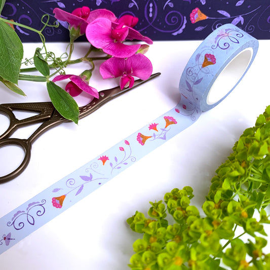 Washi-Tape mit Blumenmuster - Folklore hellblau - 10mx15mm