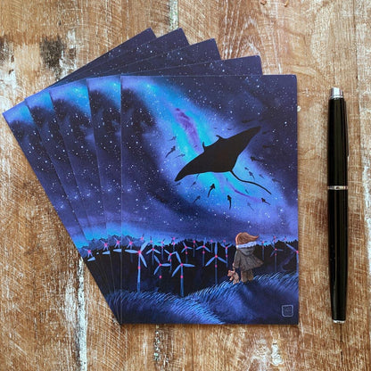 Postkarte 'Migration' Aquarell DinA6 | Galaxie und Manta-Rochen | Fantasy-Art - Carasusan