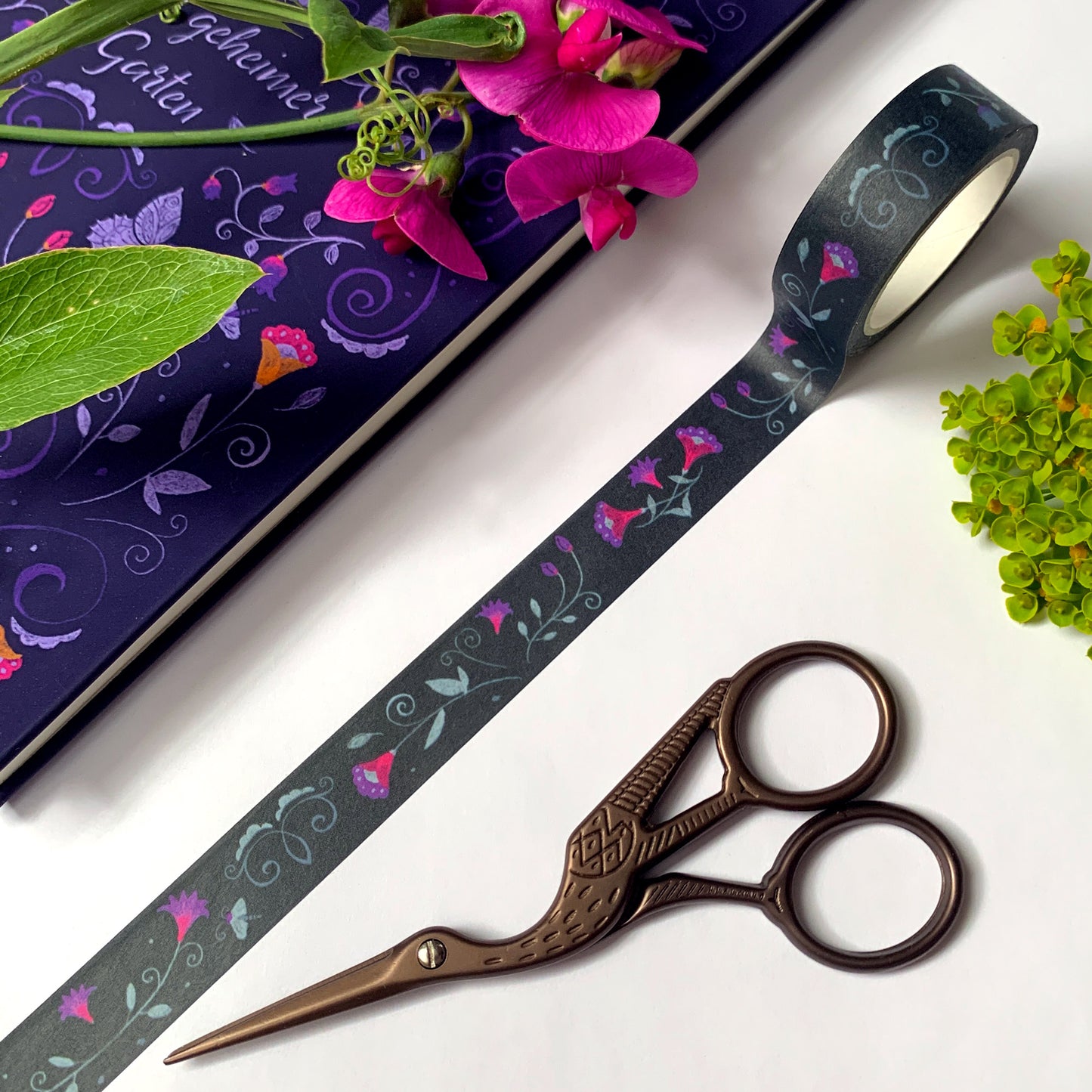 Washi-Tape mit Blumenmuster - Folklore dunkelblau - 10mx15mm