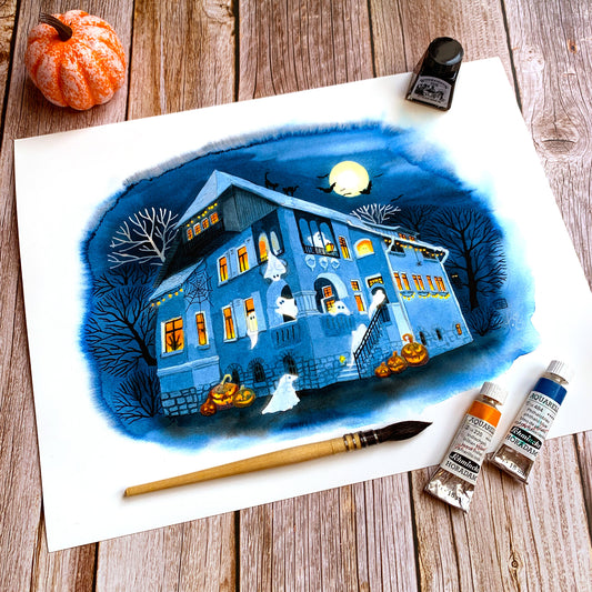 Kunstdruck 'Halloweenparty' auf feinem Aquarellpapier - handsigniert - Lustige Gespenster und Kürbisgesichter