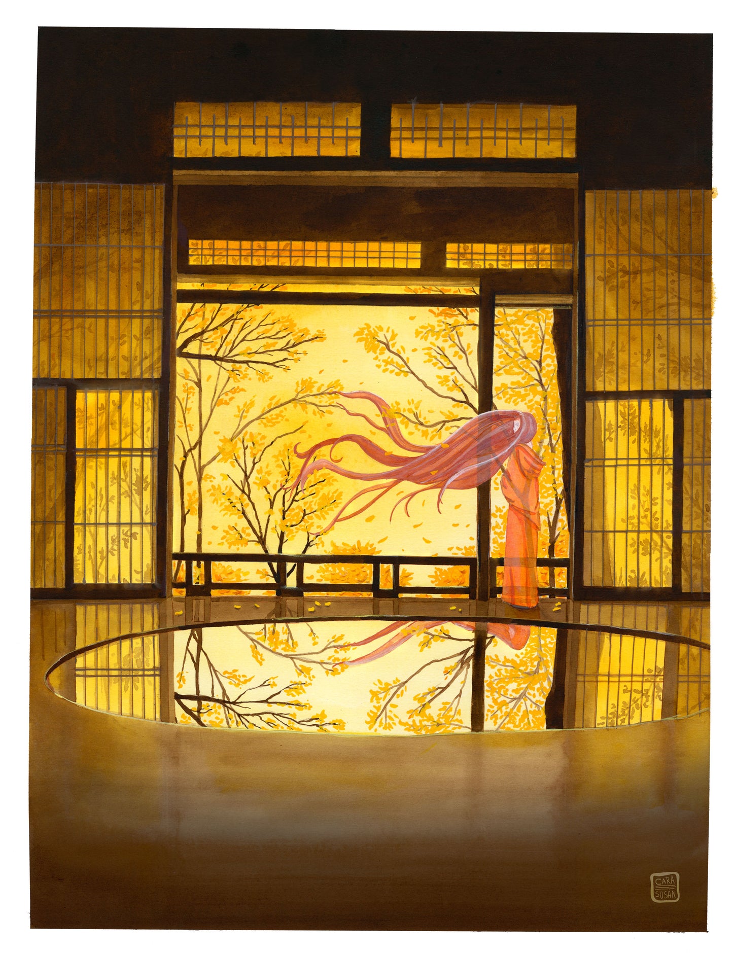 Aquarell 'Herbstwind' japanischer Waldgeist - Kunstdruck 40x52cm - Wanddeko - Herbstdeko - von Gabriele Carasusán