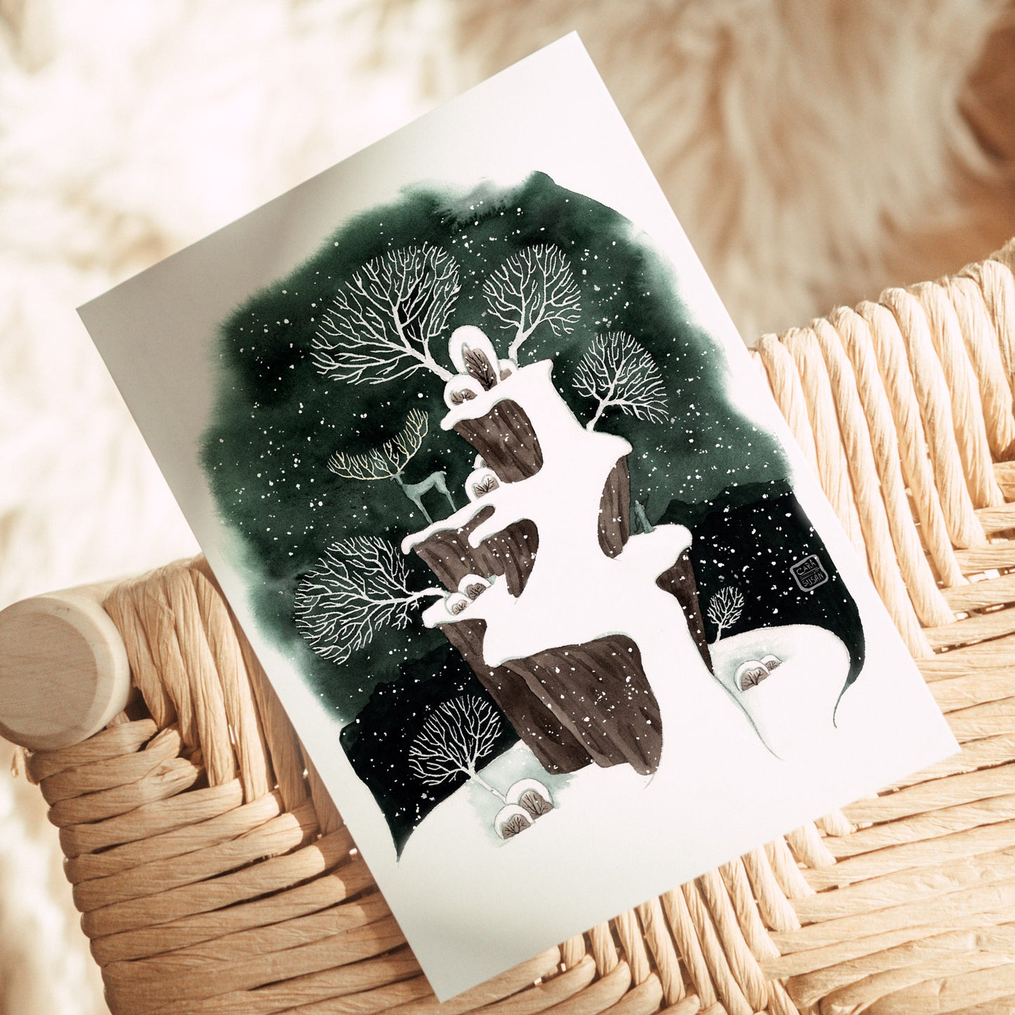 Winter Postkarte 'Winterlandschaft mit Hirsch' Aquarell