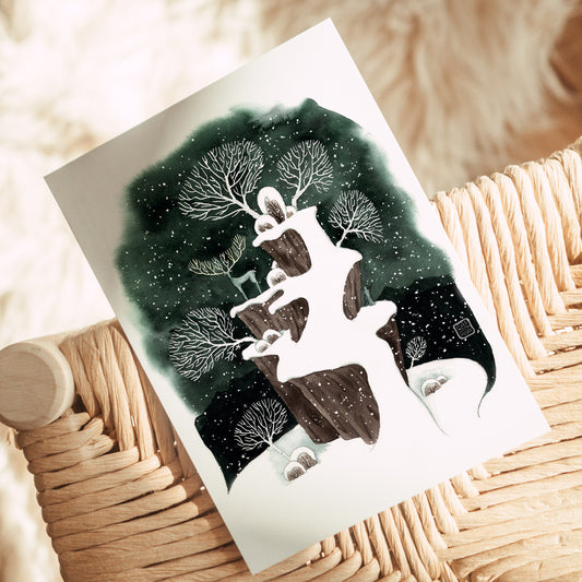 Postcard 'Winter landscape with deer and snow' watercolor DinA6