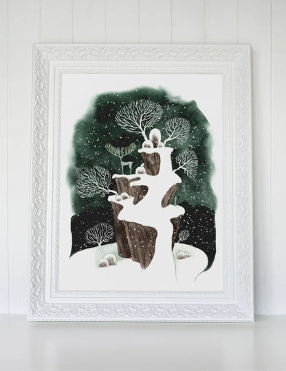 Winterlandschaft mit Hirsch - Aquarell - Kunstdruck - 32x41cm - Wandbild - Winter Deko - Carasusan