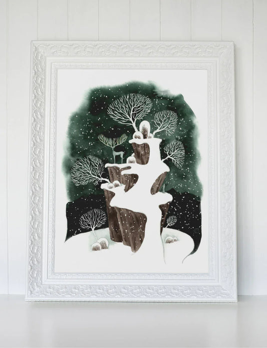 Winterlandschaft mit Hirsch - Aquarell - Kunstdruck - 32x41cm - Wandbild - Winter Deko - Carasusan