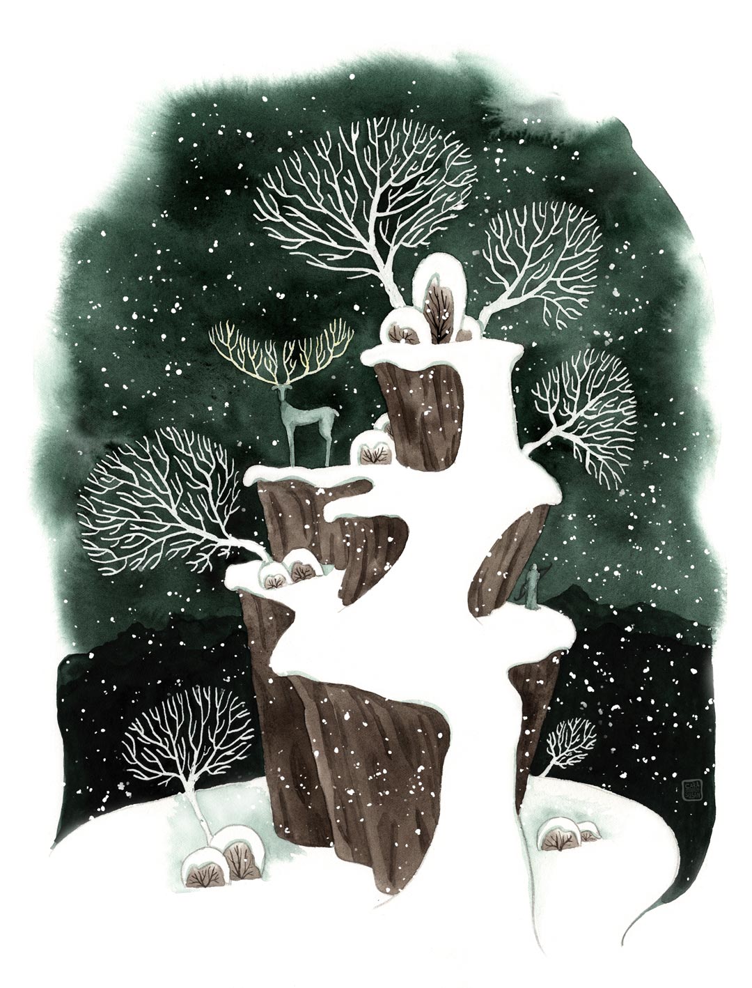Winter landscape with deer- watercolor - Art print - 32x41cm - 12,5x16" - winter wall decoration