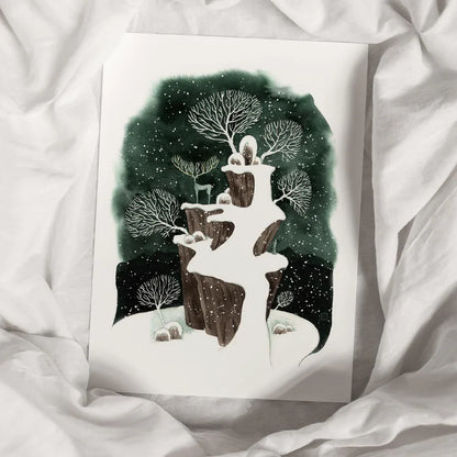 Winterlandschaft mit Hirsch - Aquarell - Kunstdruck - 32x41cm - Wandbild - Winter Deko - Carasusan