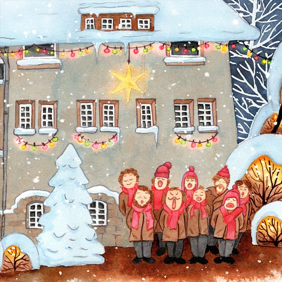 Weihnachtsdeko Kunstdruck Weihnachtssingen Aquarell - festliche Wanddekoration und Geschenk für Chor-Sänger und Musikfreunde