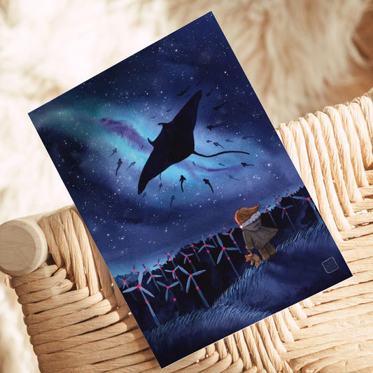 Postkarte 'Migration' Aquarell DinA6 | Galaxie und Manta-Rochen | Fantasy-Art