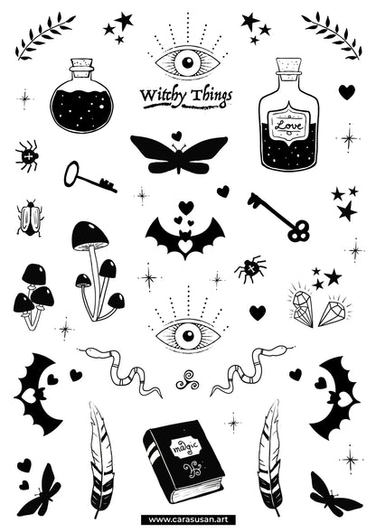 Halloween Stickerbogen 'Witchy Things' magische Illustrationen für Bullet Journaling, Deko und mehr - Carasusan