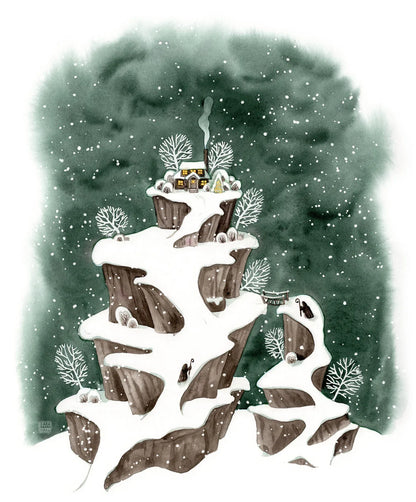 Winter Postkarte 'Die Zusammenkunft' | DinA6 | Aquarell einer verschneiten Berglandschaft - Carasusan