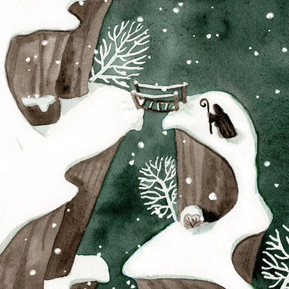 Winter Postkarte 'Die Zusammenkunft' | DinA6 | Aquarell einer verschneiten Berglandschaft - Carasusan