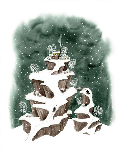Winterliche Berglandschaft mit gemütlicher Hütte - Aquarell - Kunstdruck - 35x44cm - Wandbild - Winter Deko - Schneelandschaft - Carasusan