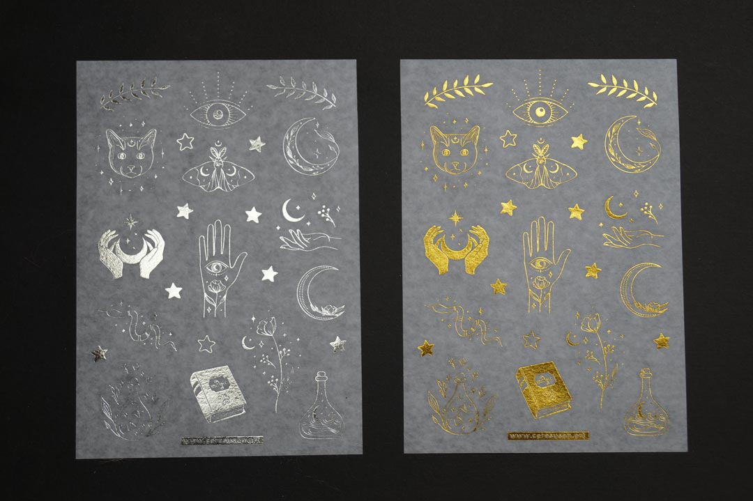Washi Stickers with magical Symbols in gold and silver foil print